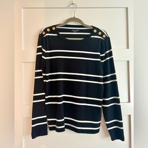 J. Crew Navy and White Striped Mariner Cloth tee with Gold Buttons